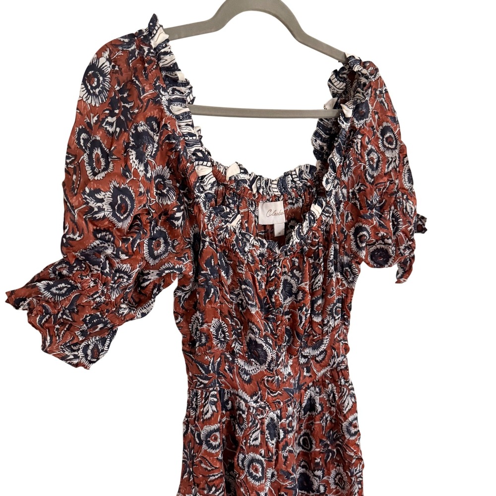 Cleobella Catalina Rust Floral Midi Dress Short Puff Sleeve Medium Boho Western - Picture 3 of 8